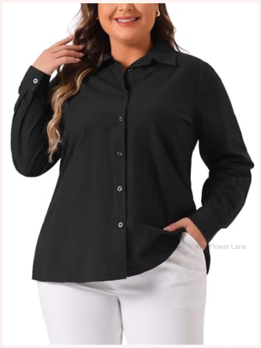 Plus Size Button Down Blouse Mandarin Collar 100% Cotton Long Sleeve